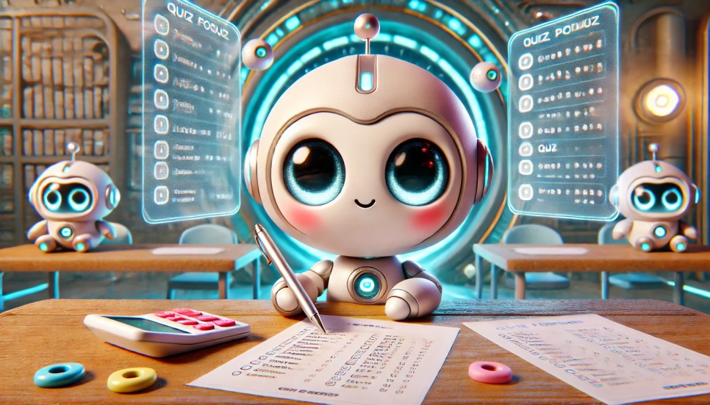 Söt glad robot som gör ett prov