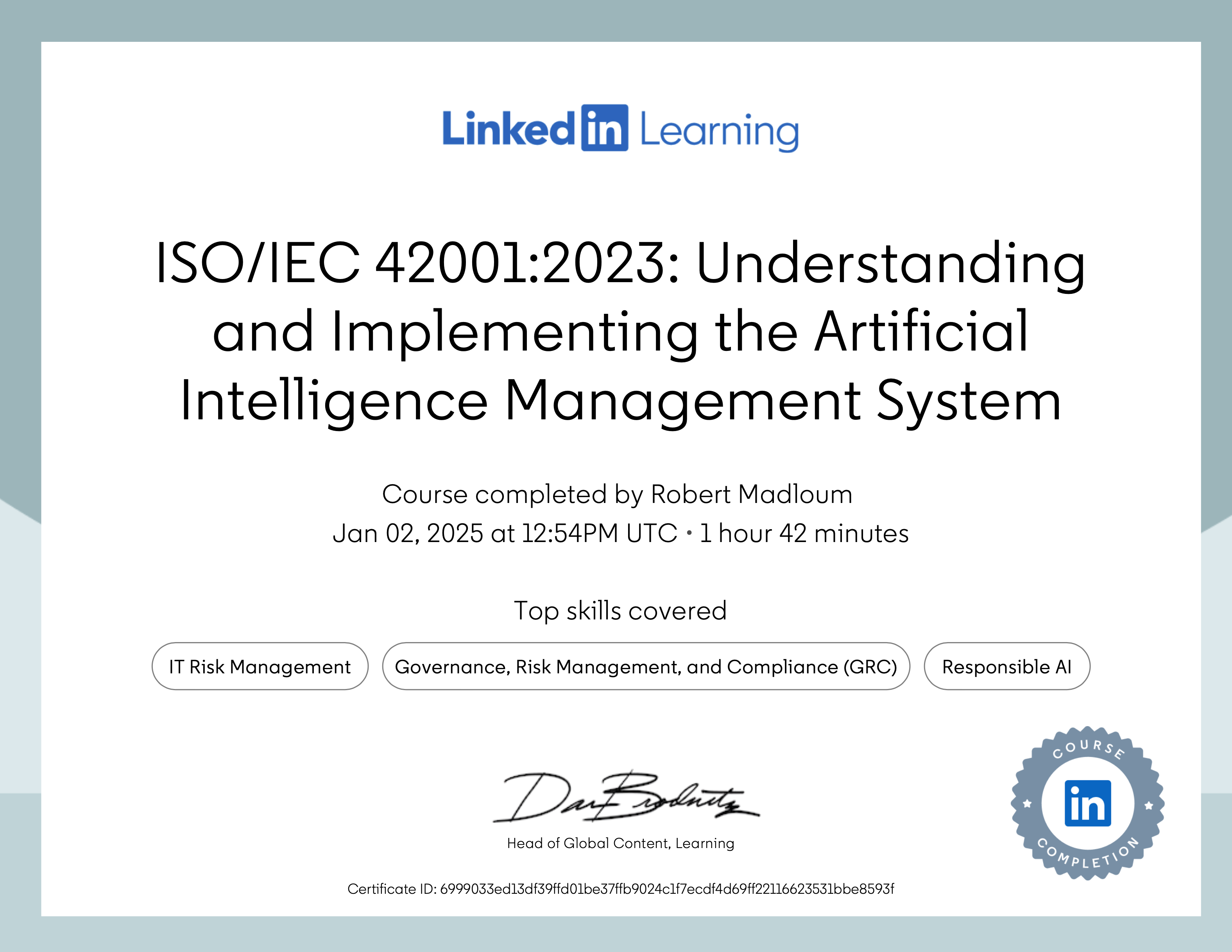 Certifikat Understanding AI Management system ISO 42001:2023