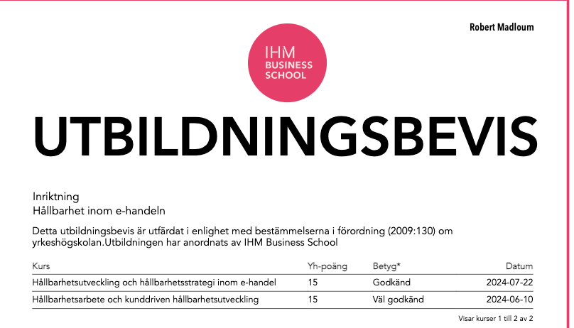 Cartifikat IHM Buisness School Hållbarhet inom Ehandel