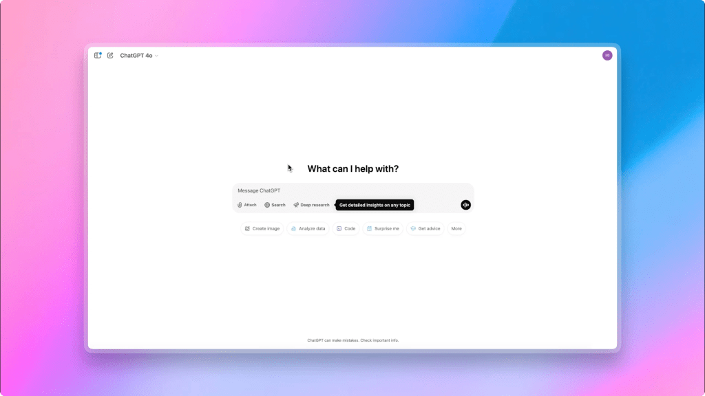 Skärmbild av ChatGPT 4o:s användargränssnitt med en modern design och interaktiva funktioner.