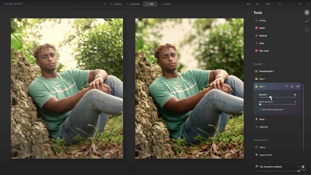 Exempel på användning av Luminar Neo för att förbättra porträtt med AI-drivna hudjusteringar och bokeh-effekter.