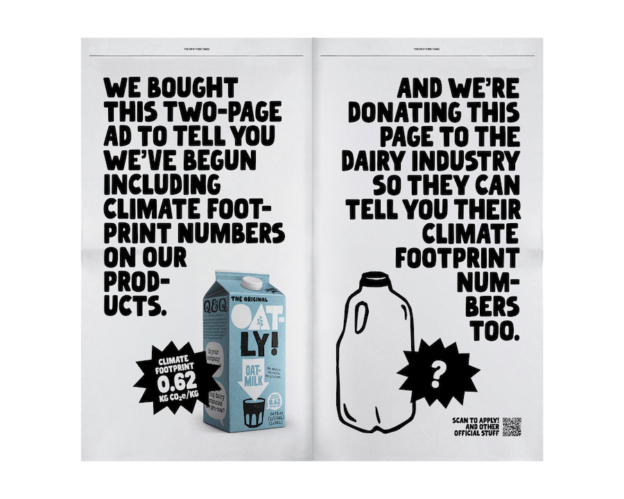 Oatly-annonser i en tidning med klimatavtrycksdata på deras produkter och en uppmaning till mejeriindustrin att redovisa sina klimatavtryck