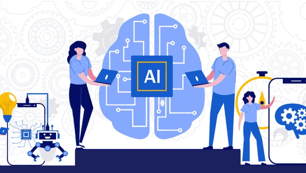 Illustration av människor som arbetar med AI för att skapa personaliserade shoppingupplevelser och tekniska lösningar.