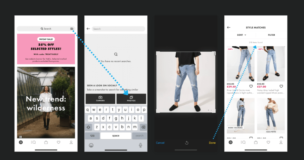 Skärmbilder av en shoppingapp som använder visuell sökning för att identifiera och hitta kläder baserat på en uppladdad bild.