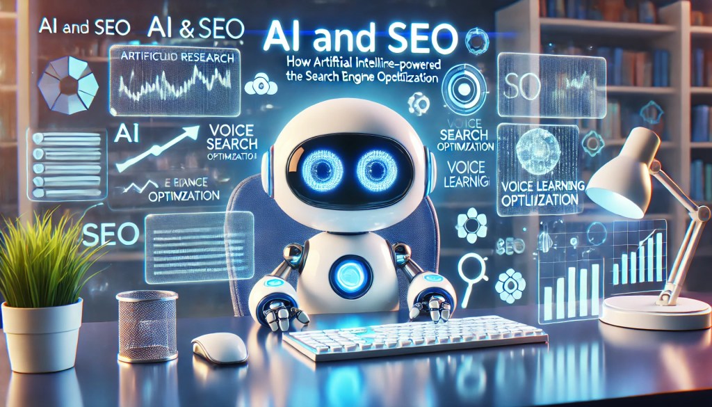 söta robot som arbetar med AI och SEO: Så förändrar artificiell intelligens sökmotoroptimeringens framtid! 🤖📈✨ Han analyserar sökalgoritmer, nyckelord och optimeringsstrategier på holografiska skärmar