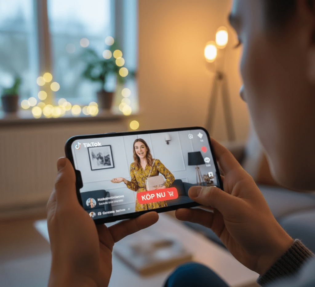 bild av en person som håller en telefon med TikTok-flödet och en "Köp nu"-uppmaning:
